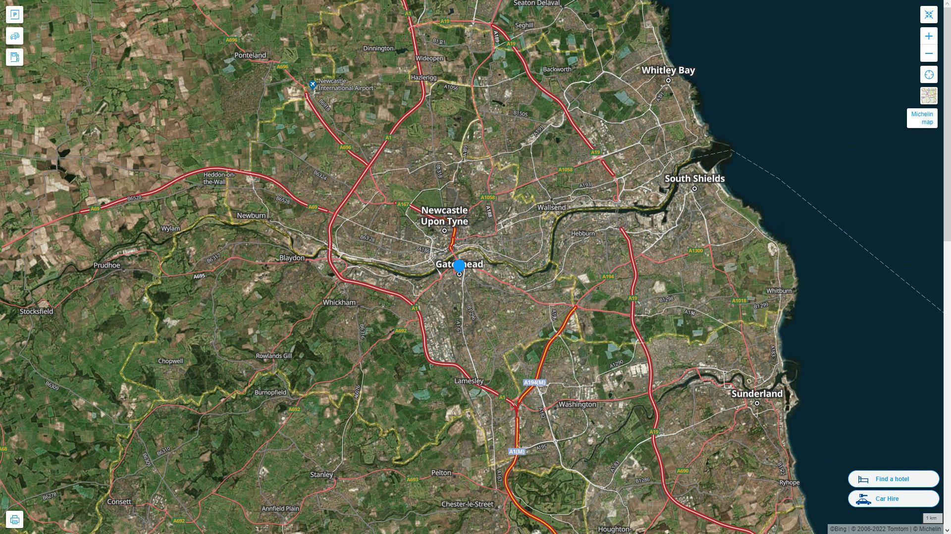 Gateshead Highway and Road Map with Satellite View